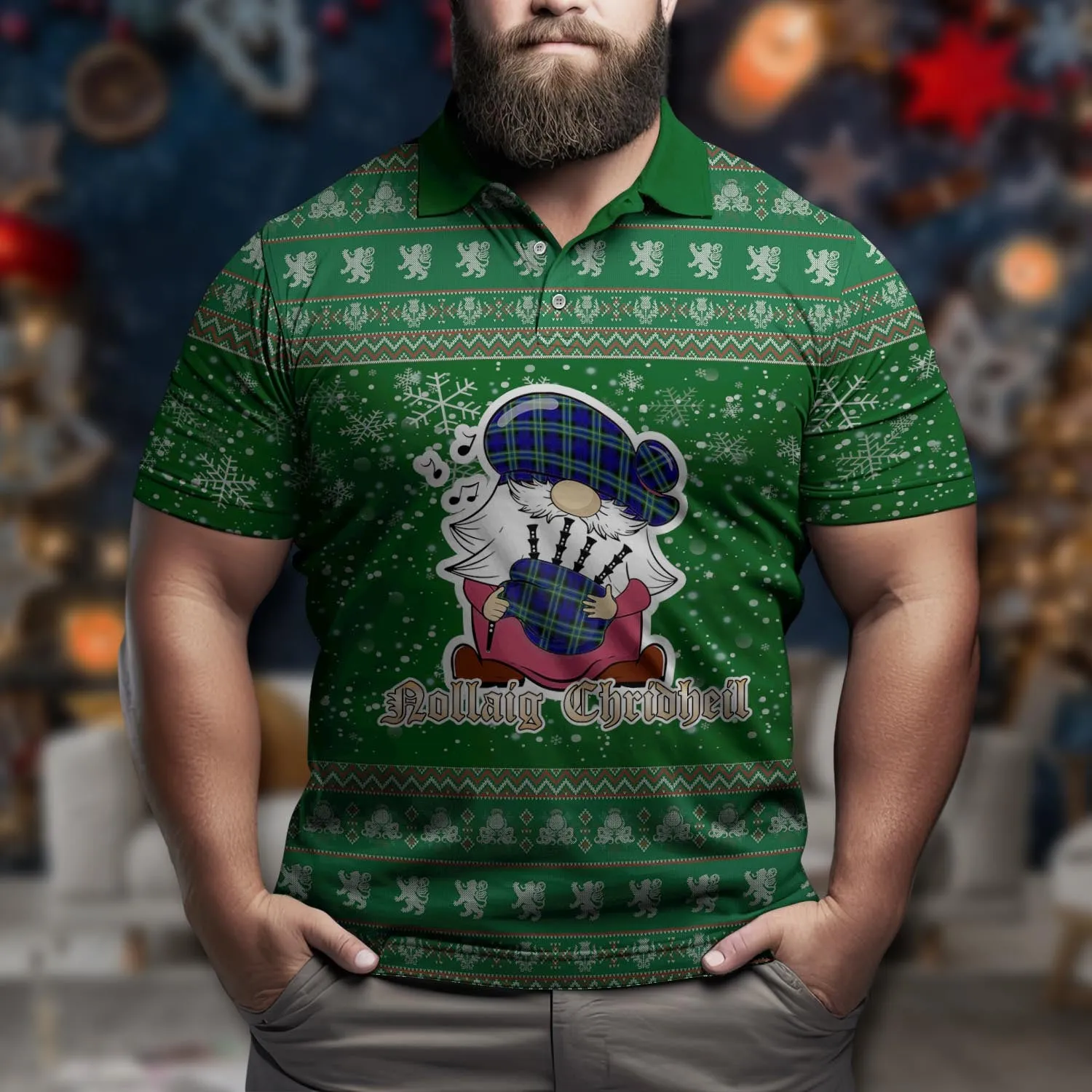 Arbuthnot Modern Clan Christmas Family Polo Shirt with Funny Gnome Playing Bagpipes