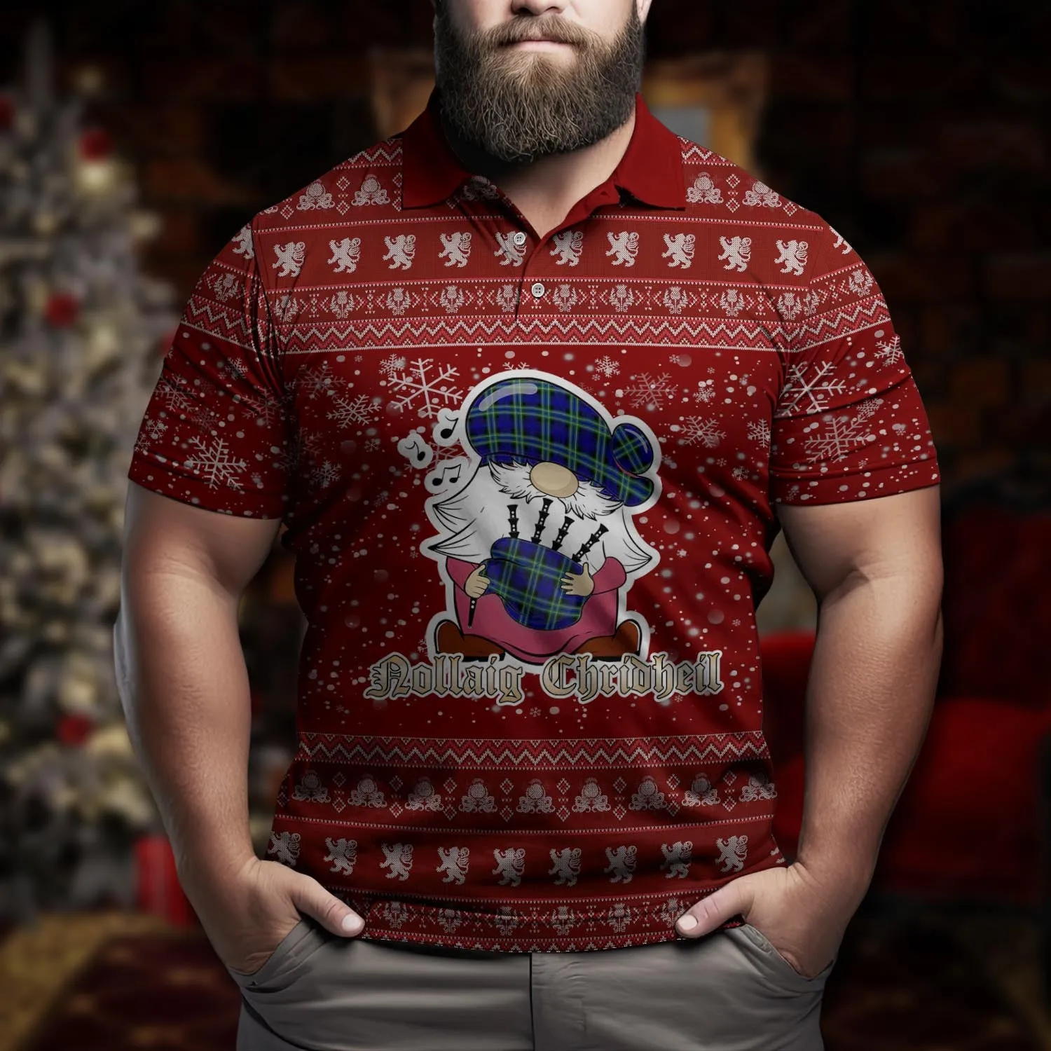 Arbuthnot Modern Clan Christmas Family Polo Shirt with Funny Gnome Playing Bagpipes