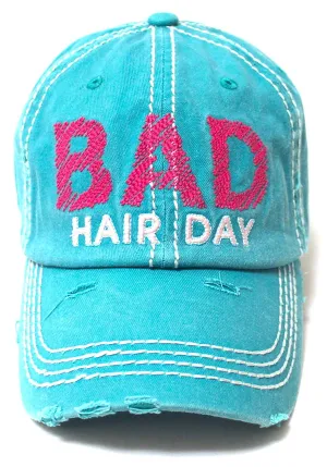 Bad Hair Day Stitch Embroidery Distressed Baseball Hat, Turquoise Blue