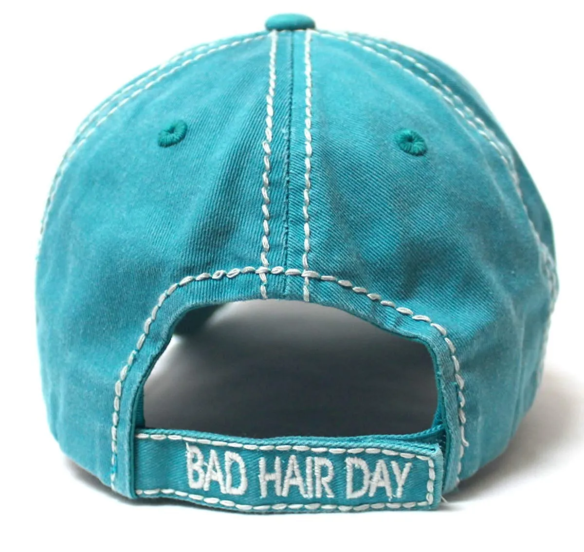 Bad Hair Day Stitch Embroidery Distressed Baseball Hat, Turquoise Blue