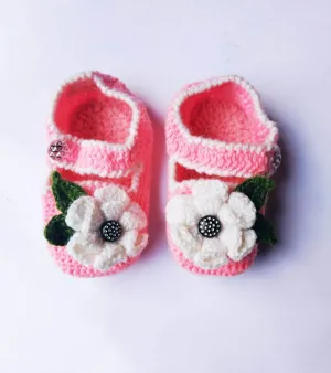 Floral Unique Wollen Crochet Design Baby Girl Booties For 6 - 12 Month