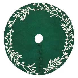 Handmade Green Christmas Tree Skirt in Felt - Cream Branches and Stars - 60"