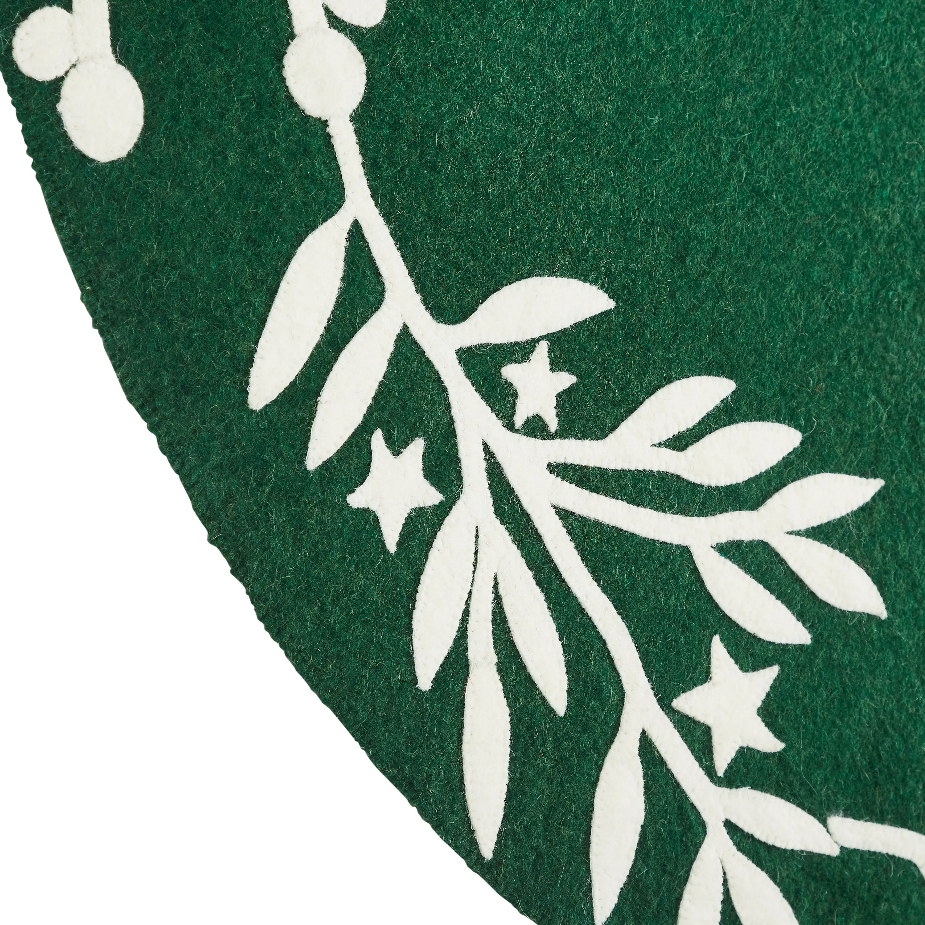 Handmade Green Christmas Tree Skirt in Felt - Cream Branches and Stars - 60"