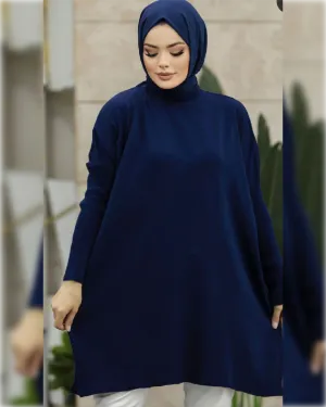 Layla Woolen - Knee Length Tunic in Blue Navy Shade سترة ليلى الطويلة من قماش الصوف الناعم  باللون الكحلي الجميل