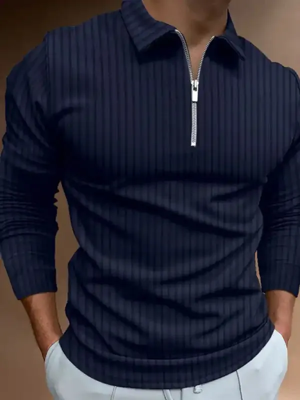 Men’s solid color zipper striped long-sleeved POLO shirt