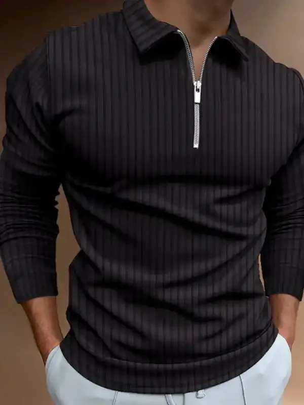 Men’s solid color zipper striped long-sleeved POLO shirt