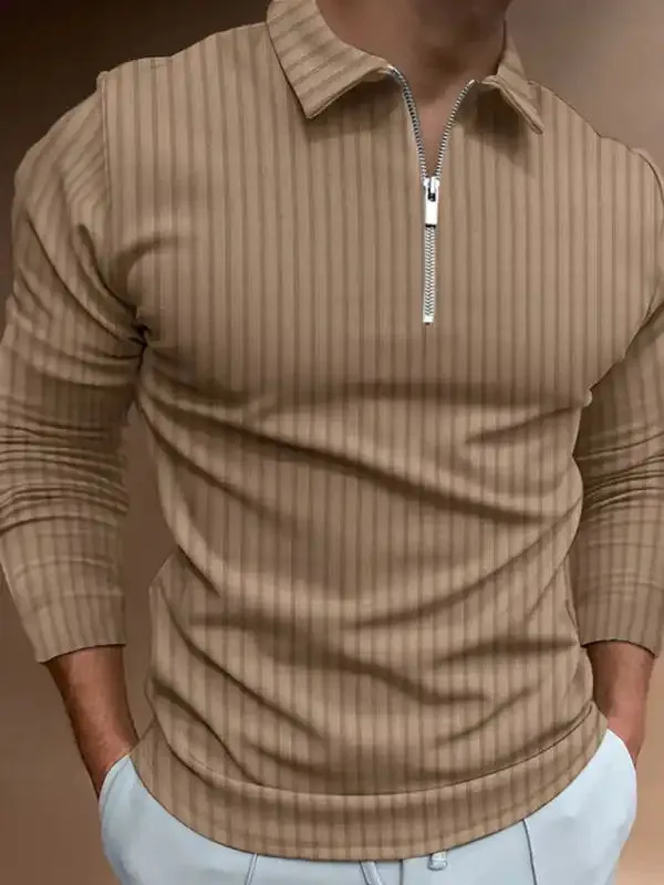 Men’s solid color zipper striped long-sleeved POLO shirt