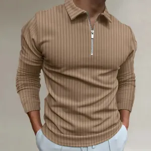 Men’s solid color zipper striped long-sleeved POLO shirt