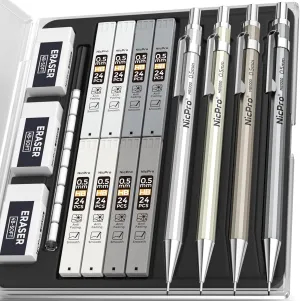 Nicpro 4PCS Metal Mechanical Pencils Set 0.5 mm, Lead Drafting Pencil 0.5mm for Artist Writing, Sketching, Drawing with 8 Tube HB #2 Refill, 3PCS 4B Eraser, 9 Eraser Refill- Come Case