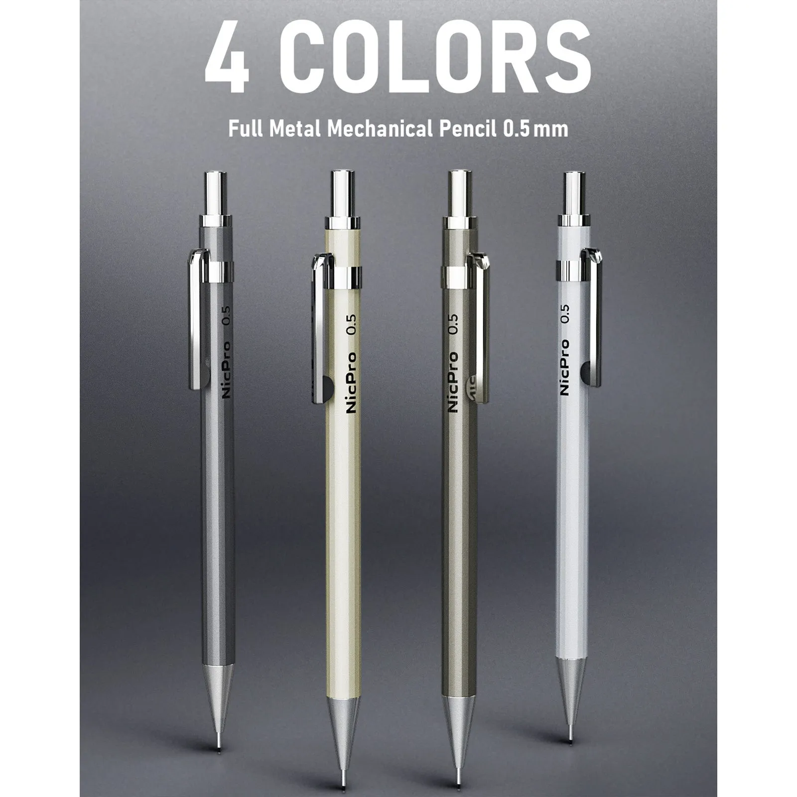 Nicpro 4PCS Metal Mechanical Pencils Set 0.5 mm, Lead Drafting Pencil 0.5mm for Artist Writing, Sketching, Drawing with 8 Tube HB #2 Refill, 3PCS 4B Eraser, 9 Eraser Refill- Come Case