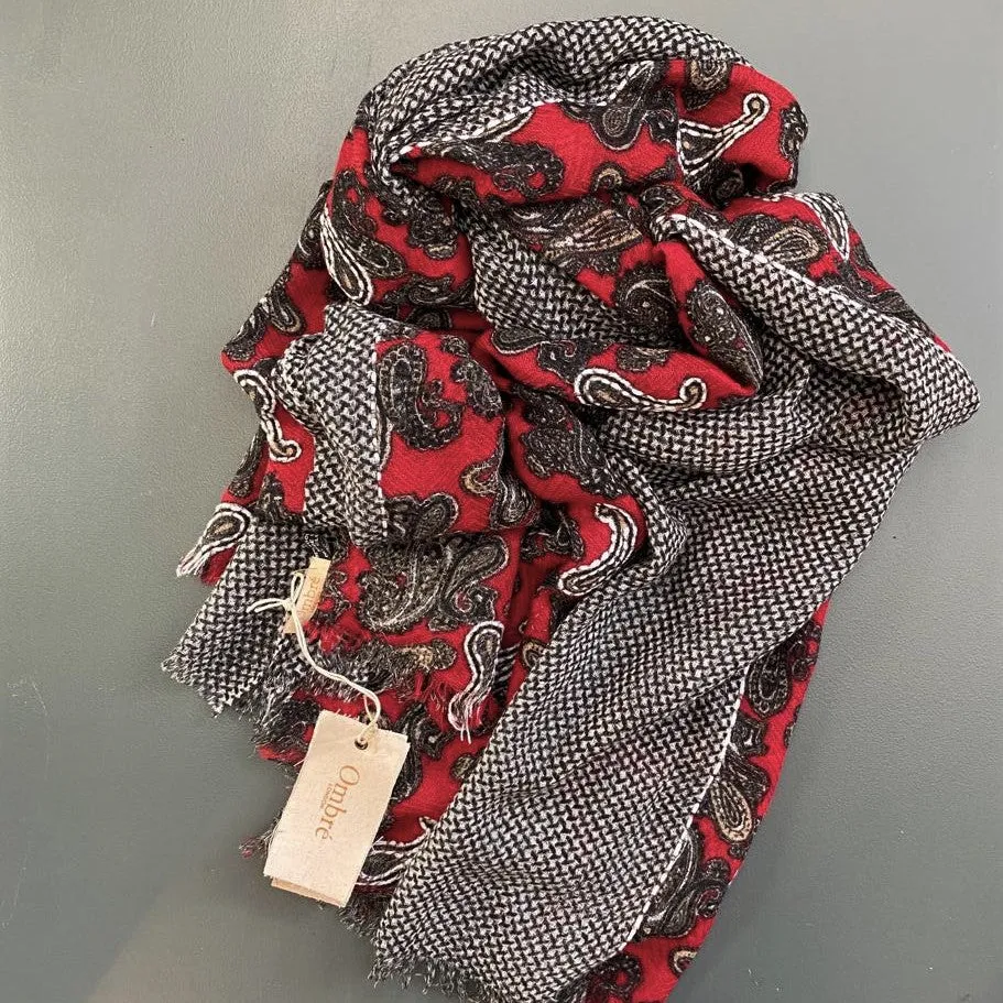 Red Paisley Pure Wool Scarf by Ombre London