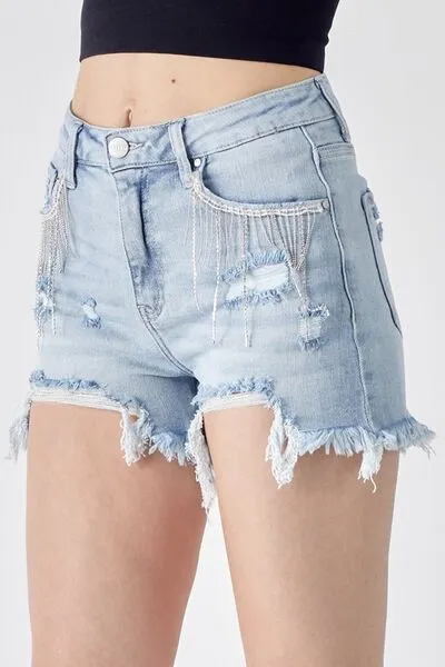 RISEN Frayed Hem Denim Shorts with Fringe Detail Pockets