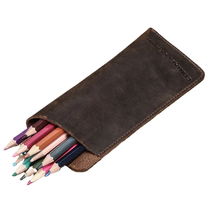 Simple Crazy Horse Leather Pencil Case Portable Pencil Pocket Stationery Box