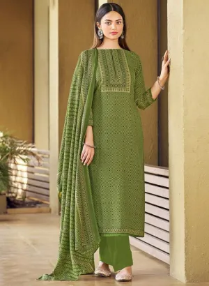 Unstitched Green Woolen Pashmina Winter Suit Dress Materials for Women