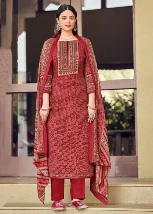 Unstitched Red Woolen Pashmina Winter Suit Dress Materials for Women