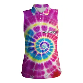 Womens sleeveless polo shirts with colorful pink tie dye background, custom team golf shirts ladies