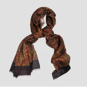 Wool Silk Paisley Scarf in Olive, Ochre & Brown