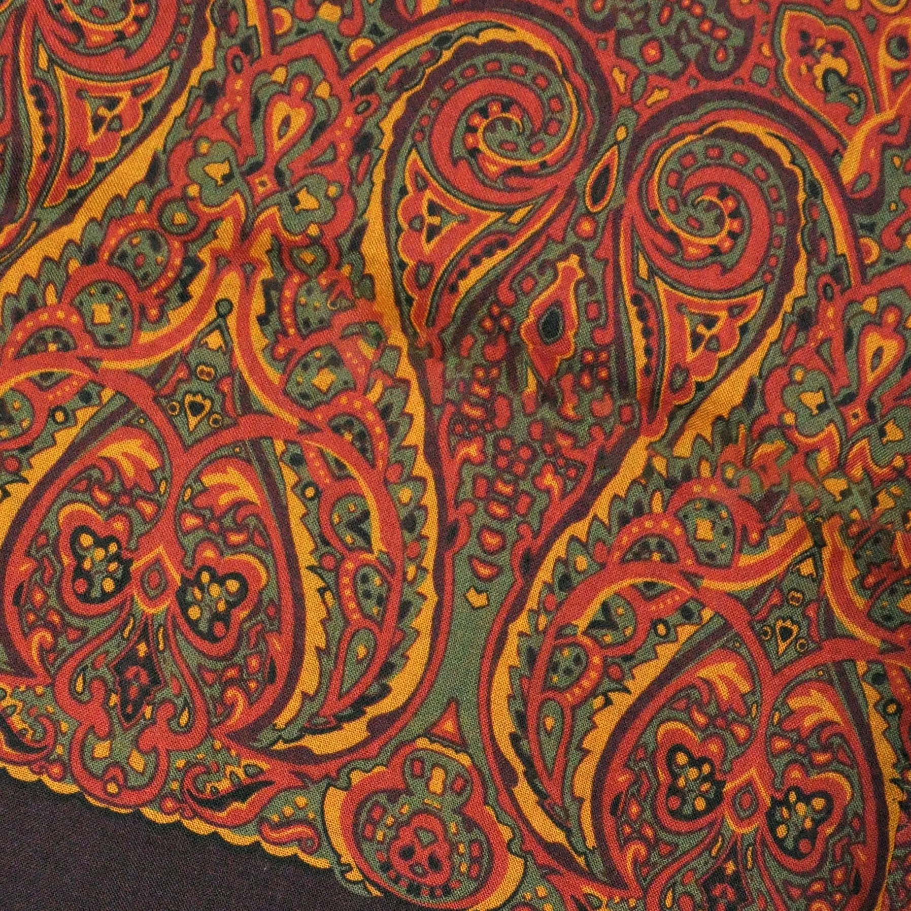 Wool Silk Paisley Scarf in Olive, Ochre & Brown